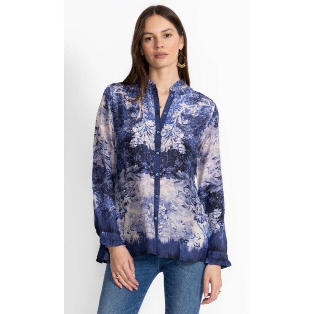 Johnny Was Shivonne Denim Lace Silk Shirt Size S NWT